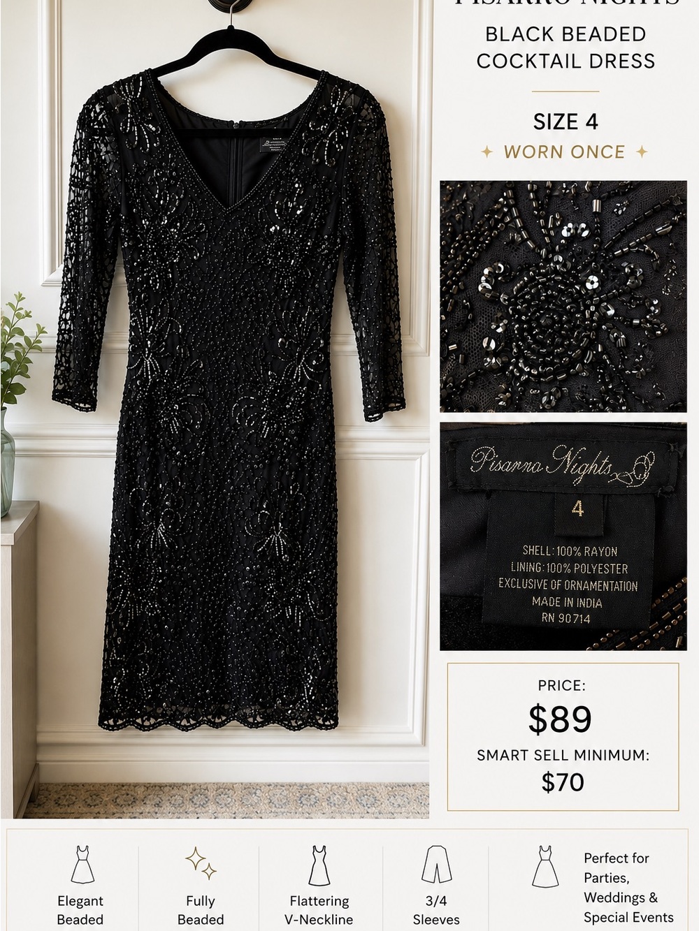 Pisarro Nights Black Beaded V-Neck Cocktail Dress